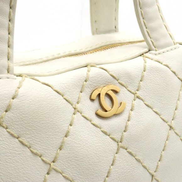 Authentic CHANEL CC Wild Stitch Vintage Quilted Bowler Hand Bag Tote Lambskin - Picture 6 of 11